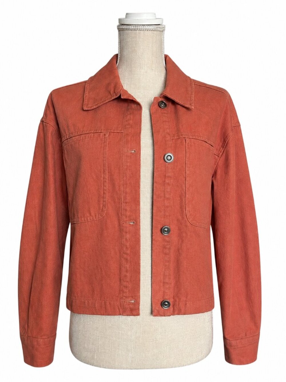 Nine West Burnt Orange Button Front Pocketed Denim Jacket Loose Fit Size Medium - Picture 2 of 7